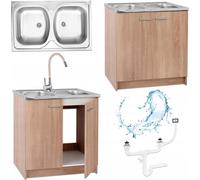 Stamar | Armoire à gâteaux, Sonoma, Chêne, 80 cm, Evier, 2 compartiments, Beige Flexible Armature, Siphon
