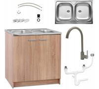 Stamar | Armoire de cuisine, avec évier, 80 cm, Chêne Sonoma, avec robinetterie et siphon