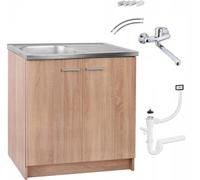 Stamar | Armoire de cuisine, avec évier, 80 cm, Chêne Sonoma, avec robinetterie et siphon