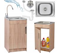 Stamar | Armoire de cuisine, avec évier, chêne Sonoma, 50 cm, Slim, avec robinetterie et siphon, clic clac