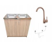 Stamar | Armoire de cuisine, avec évier, chêne Sonoma, évier à 2 compartiments, robinetterie beige, siphon