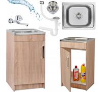 Stamar | Armoire de cuisine, chêne Sonoma, évier, 50 x 40cm, robinetterie murale chromée, siphon