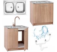 Stamar | Armoire de cuisine, évier, 2 bacs, chêne Sonoma, 80 cm, robinetterie haute, siphon beige