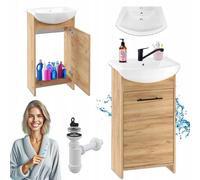 Stamar | Armoire de salle de bain indépendante, avec lavabo, chêne doré, 45 cm, avec robinet et siphon noir