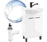 Stamar | Armoire de salle de bains, blanc, brillant Debout, avec lavabo, 45 cm - robinetterie rotative - siphon