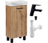 Stamar | Ensemble de meubles de salle de bains, avec lavabo, 40 cm, chêne Craft, avec robinetterie noire et siphon
