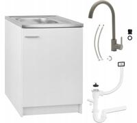 Stamar | Meuble bas de cuisine, avec évier, 60 cm, blanc, avec robinetterie et siphon, robinet haut