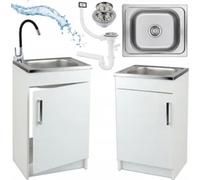 Stamar | Meuble bas de cuisine - Blanc - Evier - 50 x 40 cm - Robinetterie Elast noire - Siphon
