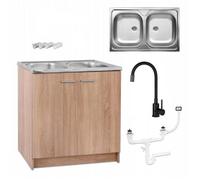 STAMAR Meuble sous Évier 80 cm Chêne Sonoma + Évier Inox 2 Bacs + Robinet Extensible Noir + Siphon LV - 80x49x82 cm