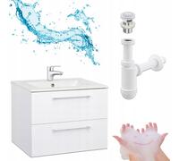 Stamar | Salle de bains, armoire blanche - lavabo mural, 50 x 40 cm - robinetterie brillante - siphon Vesto