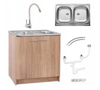 Stamar Sonoma Armoire d'évier de cuisine 80 cm à 2 chambres avec robinet d'évier flexible Beige 46 cm Profondeur 46 cm Robinet élastique prêt à monter XXL