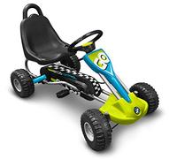 STAMP- GOKART A PEDALES SKIDS Control 89 X 52 CM, J679001, Bleu-Vert-Gris-Noir siège réglable - frein à main - Cadre acier- Garde chaine fermé - Roues PP 190mm