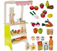 Stand de marché pour enfants en bois avec auvent et accessoires 25 pièces Légumes Fruits Caisse Alimentaire Balance Tableau Magasin de marchand 24888
