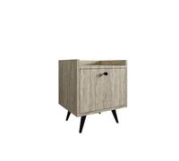 Stand de Nuit élégant avec Concept de marbre - Couleur Travertine - Largeur : 50 cm - Hauteur : 55 cm - Profondeur : 40 cm - 100% mélamine - Poignée en Cuir synthétique - Jambes en Bois