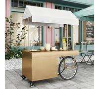 Stand Marché Chariot de Vente de Nourriture Portable avec Roues et Auvents, 2 Niveaux de Rangement - Stands de Vente Ambulants en Extérieur pour Hot-dogs et Glaces(Gold,140cm/55in)