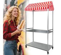 Stand Marché Chariot de Vente de Nourriture Portable avec Roulettes, Chariot de Nourriture Pliable pour Vendeur Ambulant, Auvent Rayé Comptoir de Vente(Red,120 * 60cm/47 * 23.6in)