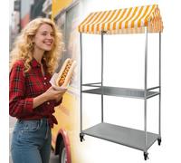 Stand Marché Chariot de Vente de Nourriture Portable avec Roulettes, Chariot de Nourriture Pliable pour Vendeur Ambulant, Auvent Rayé Comptoir de Vente(Yellow,120 * 60cm/47 * 23.6in)