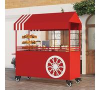 Stand Marché Chariot de Vente de Nourriture Portable avec Roulettes, Desserte de Jardin Extérieur - Auvent Rayé Comptoir de Vente de Desserts(Red,120cm/47in)