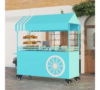 Stand Marché Chariot de Vente de Nourriture Portable avec Roulettes, Desserte de Jardin Extérieur - Auvent Rayé Comptoir de Vente de Desserts(Blue,160cm/63in)