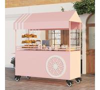 Stand Marché Chariot de Vente de Nourriture Portable avec Roulettes, Desserte de Jardin Extérieur - Auvent Rayé Comptoir de Vente de Desserts(Pink,200cm/78.7in)