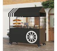 Stand Marché Chariot de Vente de Nourriture Portable avec Roulettes, Desserte de Jardin Extérieur - Auvent Rayé Comptoir de Vente de Desserts(Black,120cm/47in)