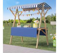 Stand Marché Kiosque Commercial en Bois avec Étagère, Buffet Mobile de Bonbons, Gâteaux, Glaces, Hot-dogs, Auvent Rayé, Comptoir de Vente de Desserts(Blue,Width 150cm(59"))