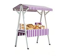 Stand Vendeur de Marché Portable Pliant avec Auvent Rayé - Table d’Exposition en Métal à Structure A pour Marché Fermier, Chariot à Café et Vente de Pâtisseries - Grande Surface(Purple,130cm/51in)