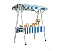 Stand Vendeur de Marché Portable Pliant avec Auvent Rayé - Table d’Exposition en Métal à Structure A pour Marché Fermier, Chariot à Café et Vente de Pâtisseries - Grande Surface(Blue,190cm/75in)