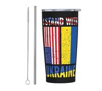 Stand With Ukraine Gobelet de voyage fin en acier inoxydable, tasse à café isolée à double paroi de 20 oz avec couvercle anti-éclaboussures, paille et brosse de nettoyage pour le bureau à domicile