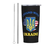 Stand With Ukraine Gobelet de voyage fin en acier inoxydable, tasse à café isolée à double paroi de 20 oz avec couvercle anti-éclaboussures, paille et brosse de nettoyage pour le bureau à domicile