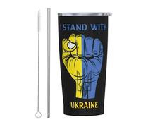 Stand With Ukraine Gobelet de voyage fin en acier inoxydable, tasse à café isolée à double paroi de 20 oz avec couvercle anti-éclaboussures, paille et brosse de nettoyage pour le bureau à domicile