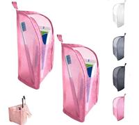 Standing Toiletry Bag for Travel, Clear Waterproof Woven EVA Mesh Cosmetic Makeup Organizer, Foldable Hanging Bathroom Storage for Toiletries & Toothbrush, Lightweight, 8.6x5.1x5.1 (Pink-2Pcs)