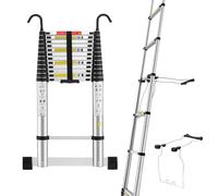 STANEW Échelle Télescopique 5M avec Stabilisateur d'échelle, Marchepieds Escamotables en Aluminium avec Barre Stabilisatrice et Crochets Amovibles, Escabeau Telescopique Pliable, Facile à Utiliser