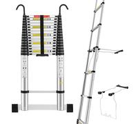 STANEW Échelle Télescopique 6.2M avec Stabilisateur d'échelle, Marchepieds Escamotables en Aluminium avec Barre Stabilisatrice et Crochets Amovibles, Escabeau Telescopique Pliable, Facile à Utiliser