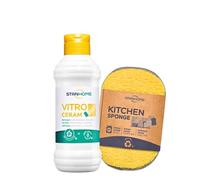 Stanhome Vitro Ceram Kitchen Sponge Pack de nettoyage Cuisine, nettoyant vitrocéramique, éponge de cuisine, plan de travail et évier, effet anti-graisse et détartrant (250 ml + 1 ud)