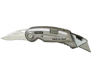 Stanley 0-10-813 Couteau Sport Quickslide Lame en Acier Inoxydable - Cran d'Arrêt avec Bouton Poussoir - Corps Métallique Compact et Ergonomique - Fournit avec 2 Lames Argent