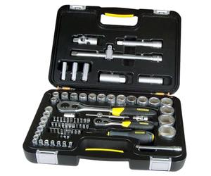 STANLEY 1-94-669 Coffret A Douilles 1/4" Et 1/2"+ Cliquet - Manche Bi-Matière Pour Plus De Confort - Douilles Longues - Rallonges- Cardan Universel - Porte Embouts - Jeu De 77 Pièces