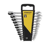 STANLEY Clés Mixtes à Cliquet - Forgées En Acier Chromé - Œil Plat - 72 Dents - 5° De Reprise- Manche Ergonomique pour un Serrage Puissant - Support de Rangement - 12 Pièces STMT82847-0
