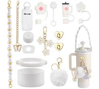 Stanley Cup Lot de 15 accessoires esthétiques Stanley Cup Accessoires - 4 couvercles de paille, sangle pour bouteille d'eau, bottes StanleyCup en silicone, pour Stanley Cup 800 ml - 1100 ml, blanc