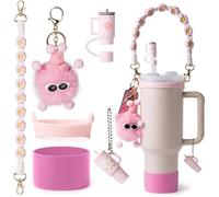 Stanley Cup Lot de 6 accessoires pour gobelets Stanley - Avec lanière de transport - Rondelles de paille - Accessoires pour tasses Stanley - 800 ml à 1100 ml - Rose