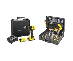 Stanley FATMAX Perceuse à Percussion sans Fil 18V Lithium Ion 80 Nm Moteur Brushless 35 700 cps/mn & STANLEY Valise de Maintenance 142 Pièces - Pinces et Coupe-Touts, Clé à Molette, Niveau, Mesure
