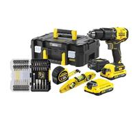 STANLEY FATMAX V20 Perceuse visseuse à percussion sans fil brushless avec niveau à bulle, mètre ruban, 40 accessoires, 2 batteries Li-Ion 2Ah, chargeur 1.25A et mallette PRO-STACK, 18V, SFMCK101D2T-QW