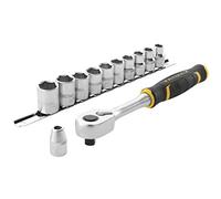 Stanley Fmmt82680-0 Cliquet 120 Dents 3/8’’ Gamme FatMax + 10 Douilles + 10 Embouts + Porte-Embout - Angle De Reprise 3° - Tête Compacte - Levier D'Inversion Compact - 22 Pièces