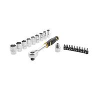 Stanley FMMT82681-0 Coffret de 9 Douilles ½’’ + Cliquet 120 Dents ½’’ + 10 Embouts + Porte-Embout - Angle De Reprise 3° - Tête Très Compacte - Levier D'Inversion Compact - 21 Pièces - Gamme FATMAX