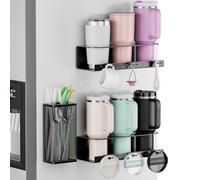 Stanley - Lot de 2 porte-gobelets magnétiques pour réfrigérateur - Organisateur de bouteilles d'eau avec panier à paille et 6 crochets - Couvercles de rangement pour accessoires - Noir