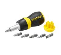 STANLEY Tournevis à cliquet court multi-embouts, 0-66-358 | Rangement interne des 6 embouts :Phillips, Pozidriv, plat , pointe magnétique, poignée bi-matière confortable