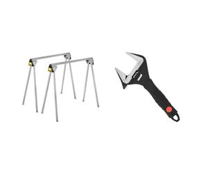 STANLEY Trétaux Métal Paire - STST81337-1 & Amazon Basics Clé réglable de 6 pouces (150 mm) pour travaux de plomberie - Avec manche confortable antidérapant et large mâchoire