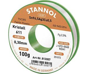 Stannol 813007 FLOWTIN TSC305 Fairtin Kristall 611 Fil à souder Diamètre 0,3 mm Bobines 100 g