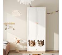 STAPERFO Armoire Chambre Enfant avec Espace pour Chat - Meuble de Rangement Multiniveaux et Dressing Gain de Place pour Petits Espaces, Blanc et Bois Naturel, 80x50x200 cm