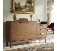 STAPERFO Buffet avec plateau en marbre et aspect chêne, 3 tiroirs, armoire double porte avec étagères réglables en hauteur et pieds en bois massif, 120 x 40 x 77 cm